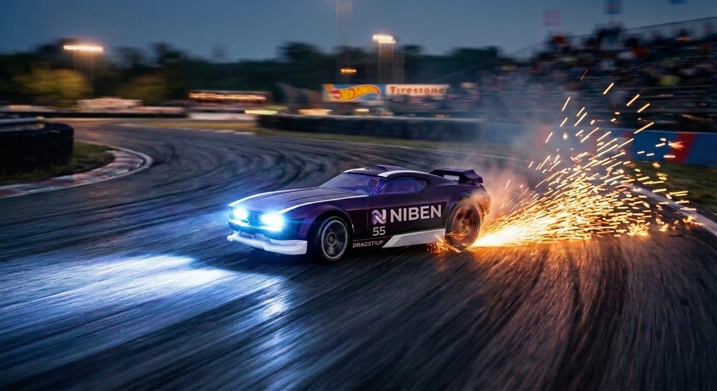 Niben liveried die-cast muscle car drifting with sparks on a floodlit night track
